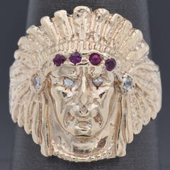 Vintage Ruby & Diamond Yellow Gold Indian Head Ring Size 7.5