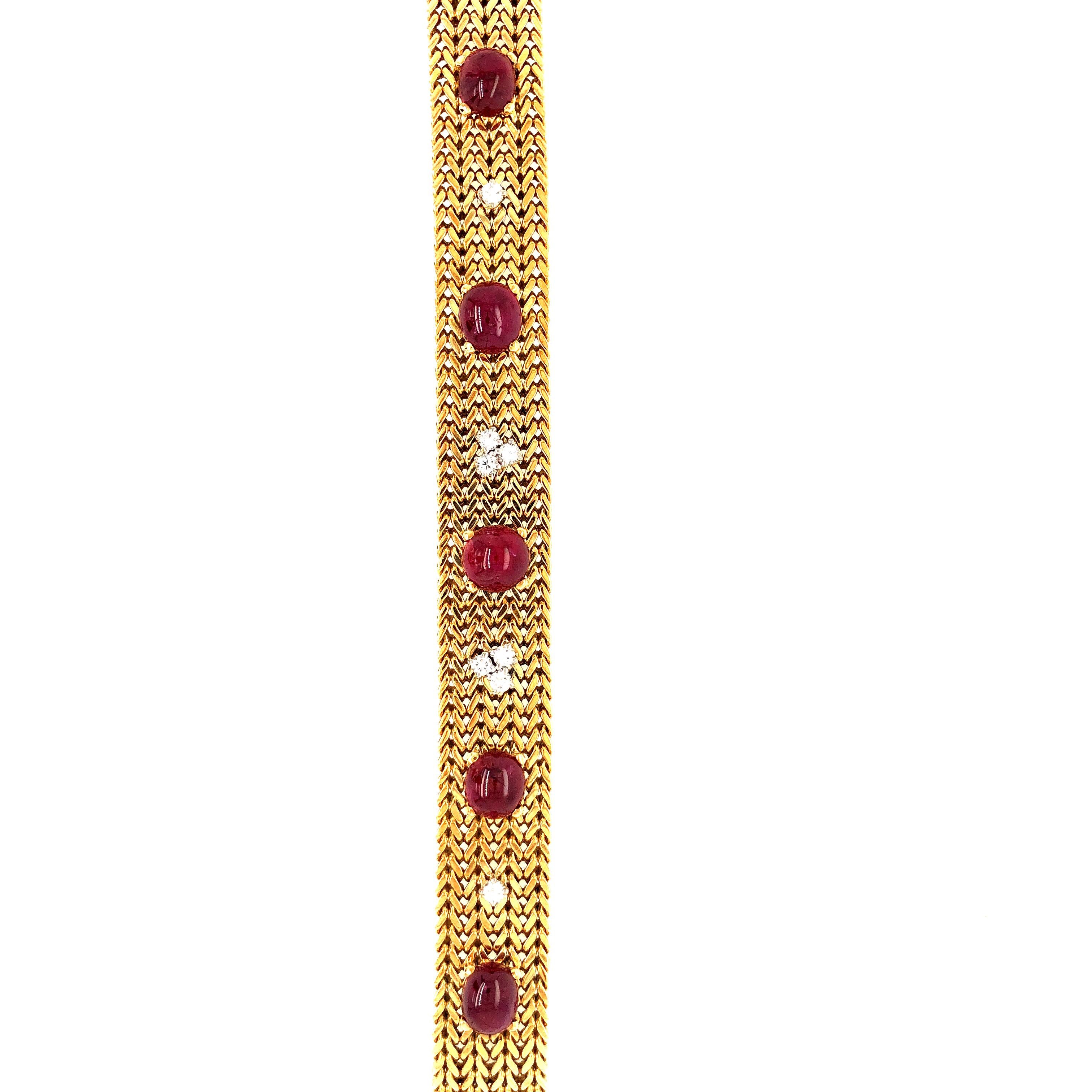 Vintage Ruby and Diamonds 18 Karat Yellow Gold Mesh Bracelet 1