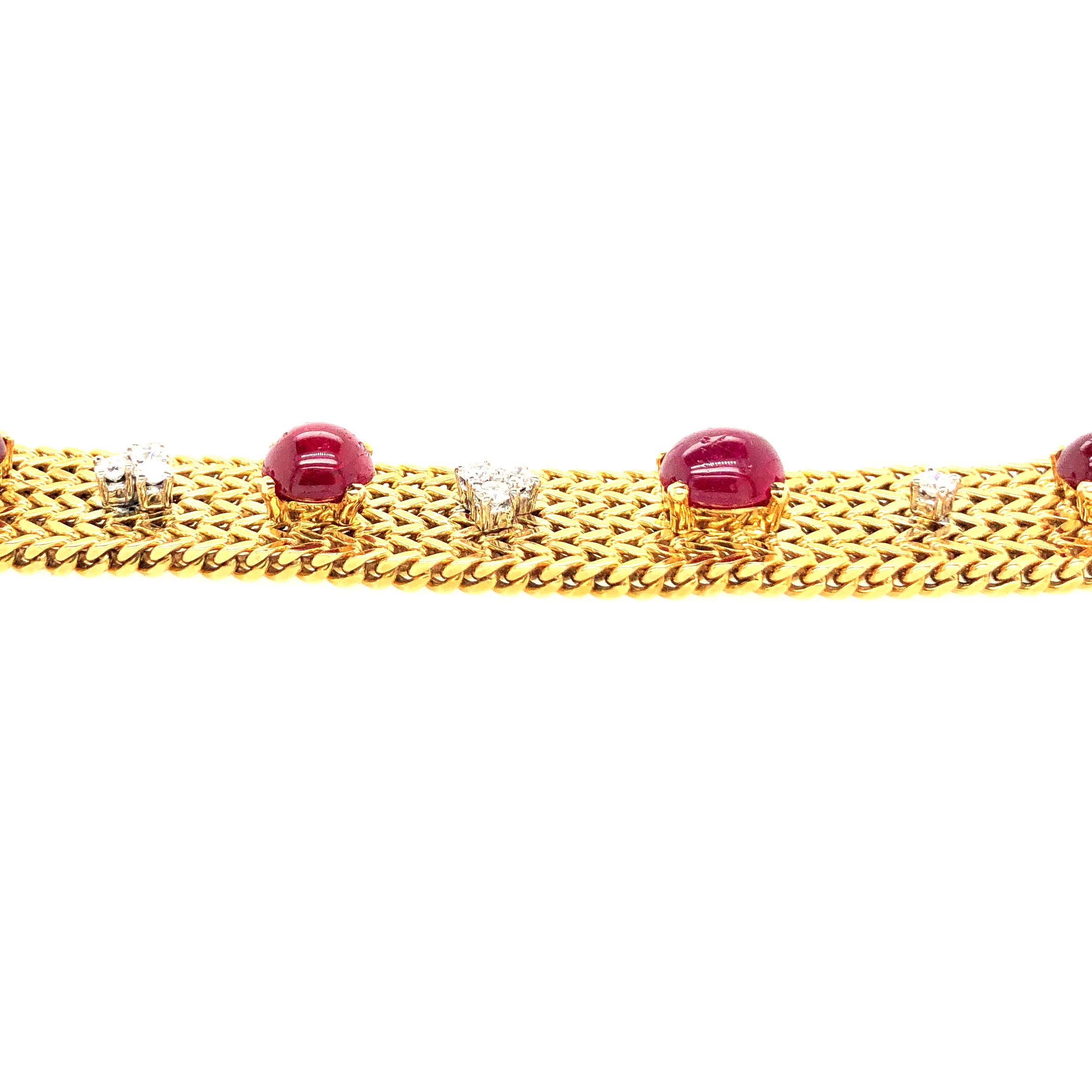 Vintage Ruby and Diamonds 18 Karat Yellow Gold Mesh Bracelet 2