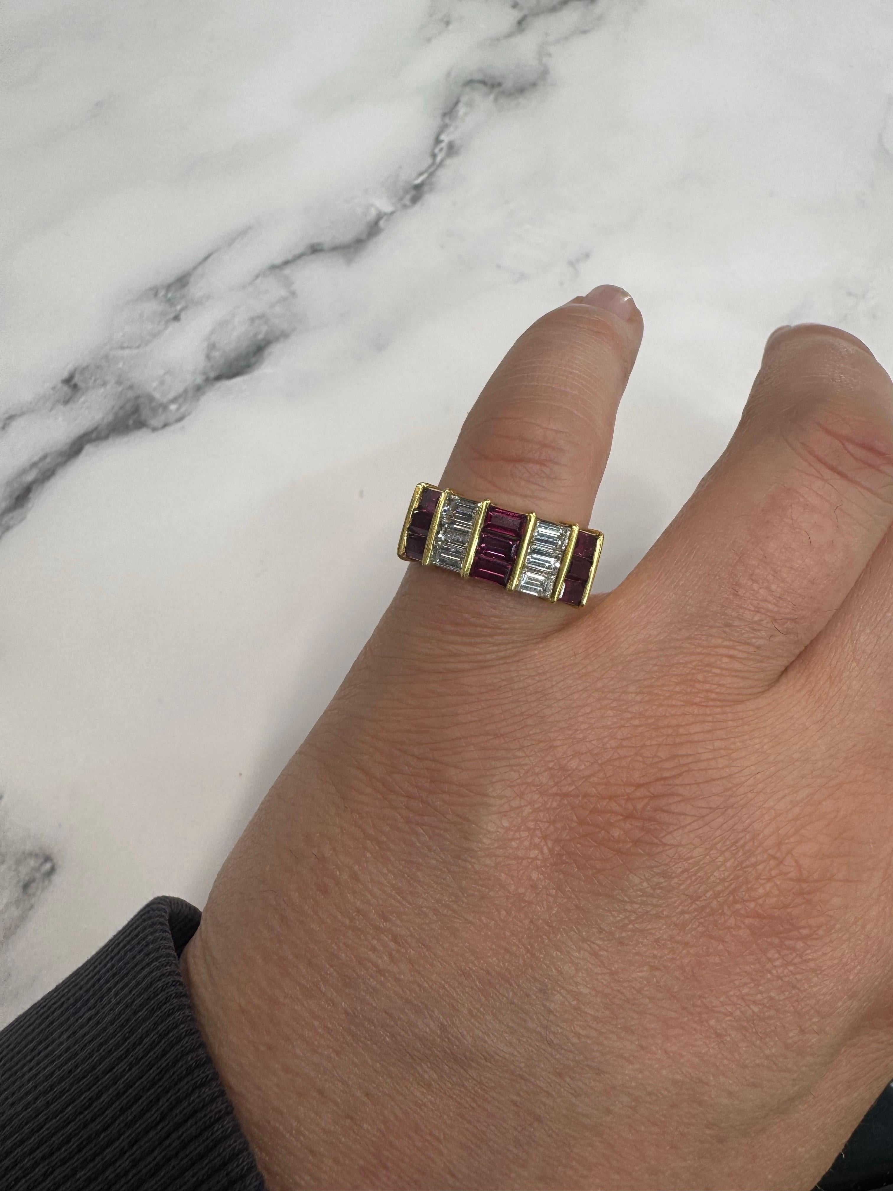 Vintage Ruby Diamonds Emerald Cut Band 2.85 CTTW 18 Karat Yellow Gold 9.5 Grams For Sale 6