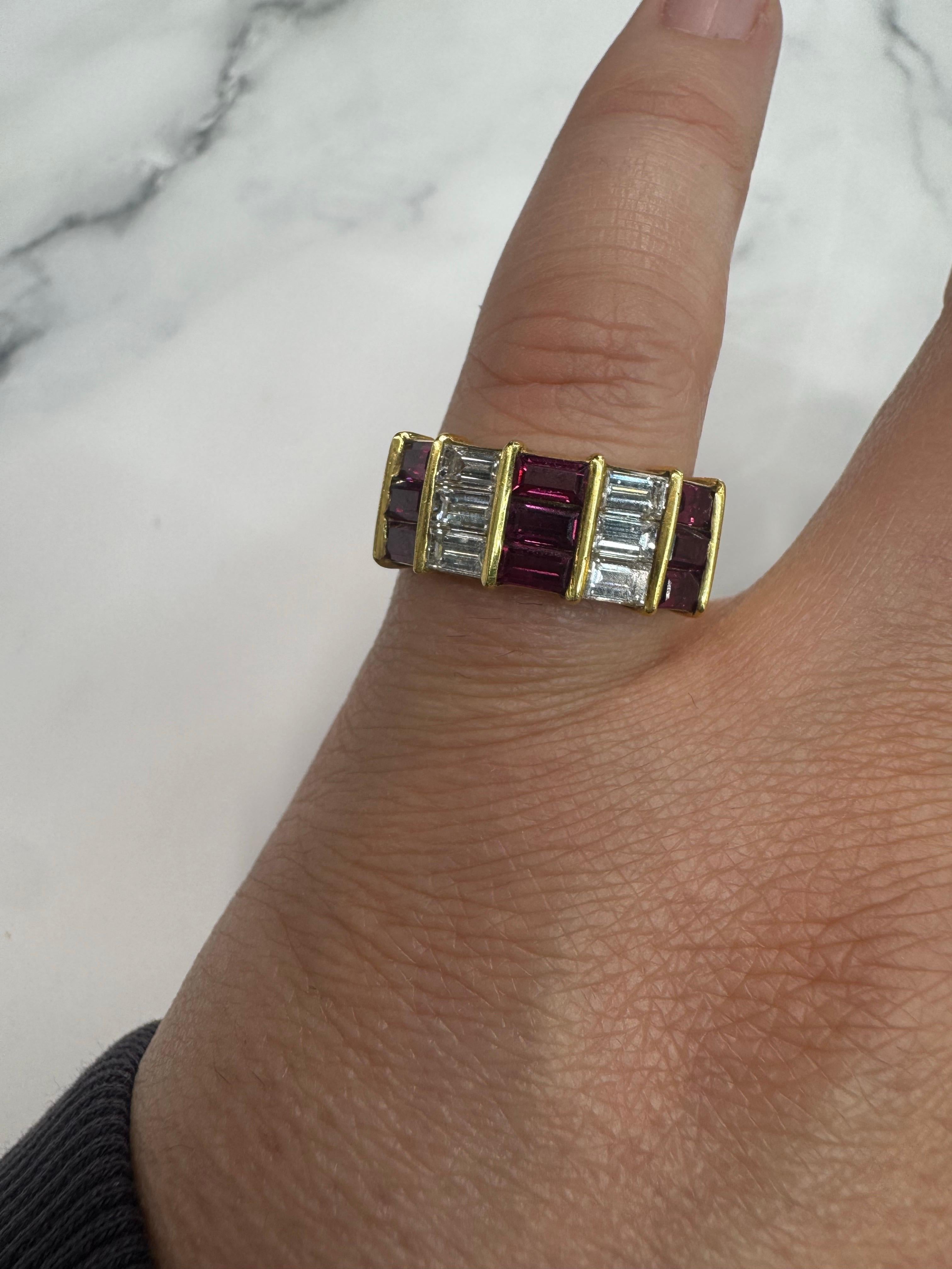 Vintage Ruby Diamonds Emerald Cut Band 2.85 CTTW 18 Karat Yellow Gold 9.5 Grams For Sale 1