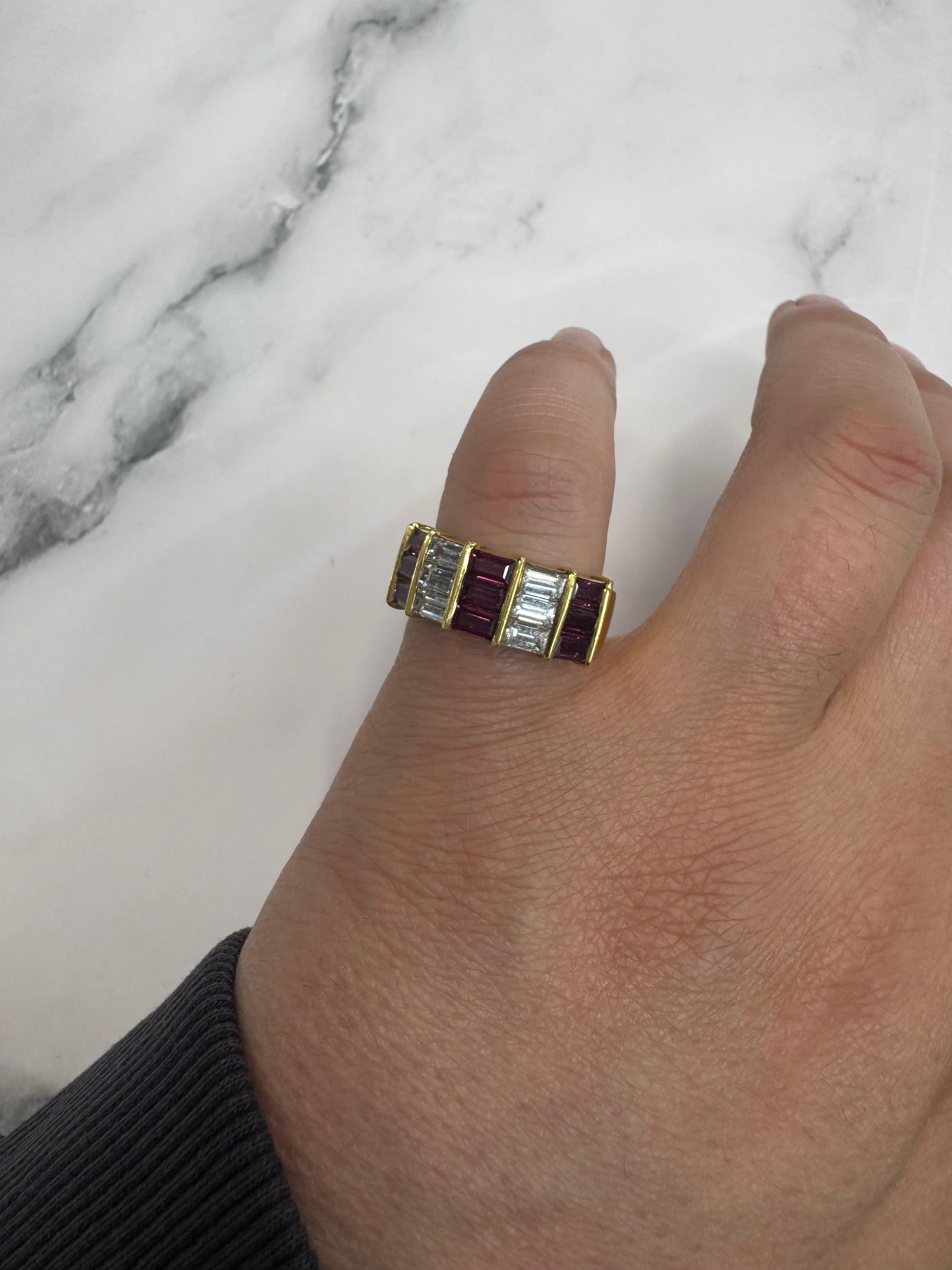 Vintage Ruby Diamonds Emerald Cut Band 2.85 CTTW 18 Karat Yellow Gold 9.5 Grams For Sale 2