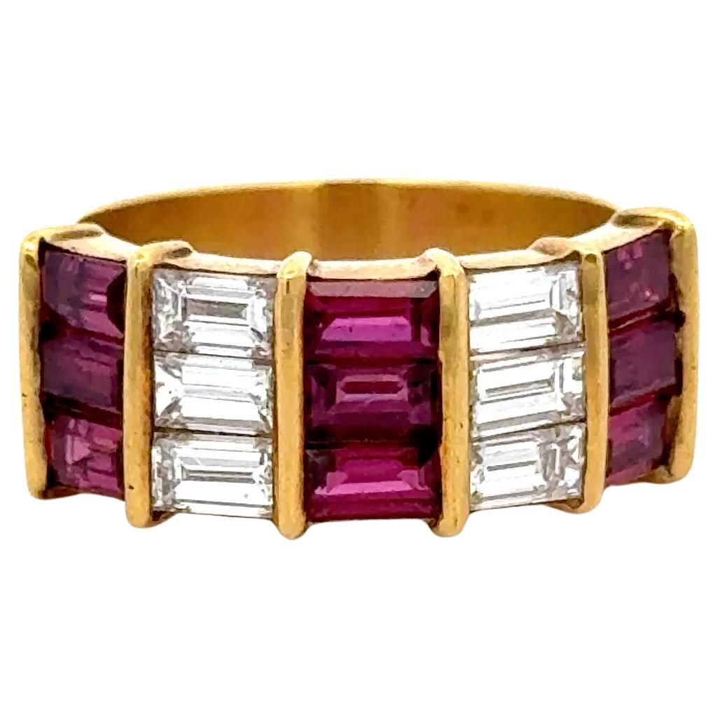 Vintage Ruby Diamonds Emerald Cut Band 2.85 CTTW 18 Karat Yellow Gold 9.5 Grams For Sale