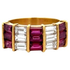 Vintage Ruby Diamonds Emerald Cut Band 2.85 CTTW 18 Karat Yellow Gold 9.5 Grams
