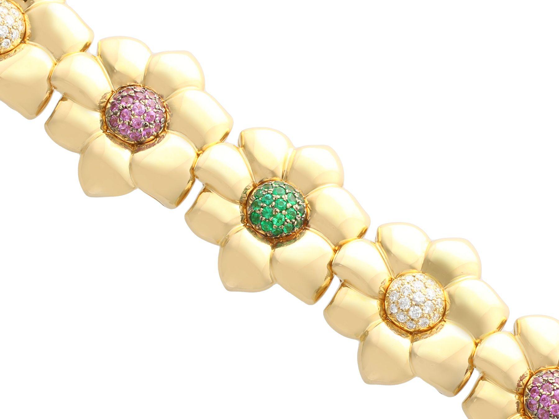 Round Cut Vintage Ruby Emerald and Diamond Yellow Gold Bracelet For Sale