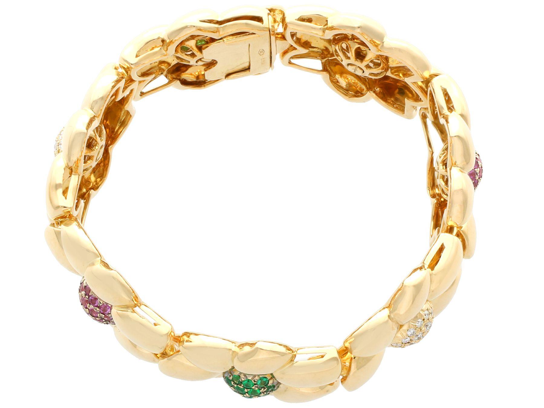 Vintage Ruby Emerald and Diamond Yellow Gold Bracelet In Excellent Condition For Sale In Jesmond, Newcastle Upon Tyne