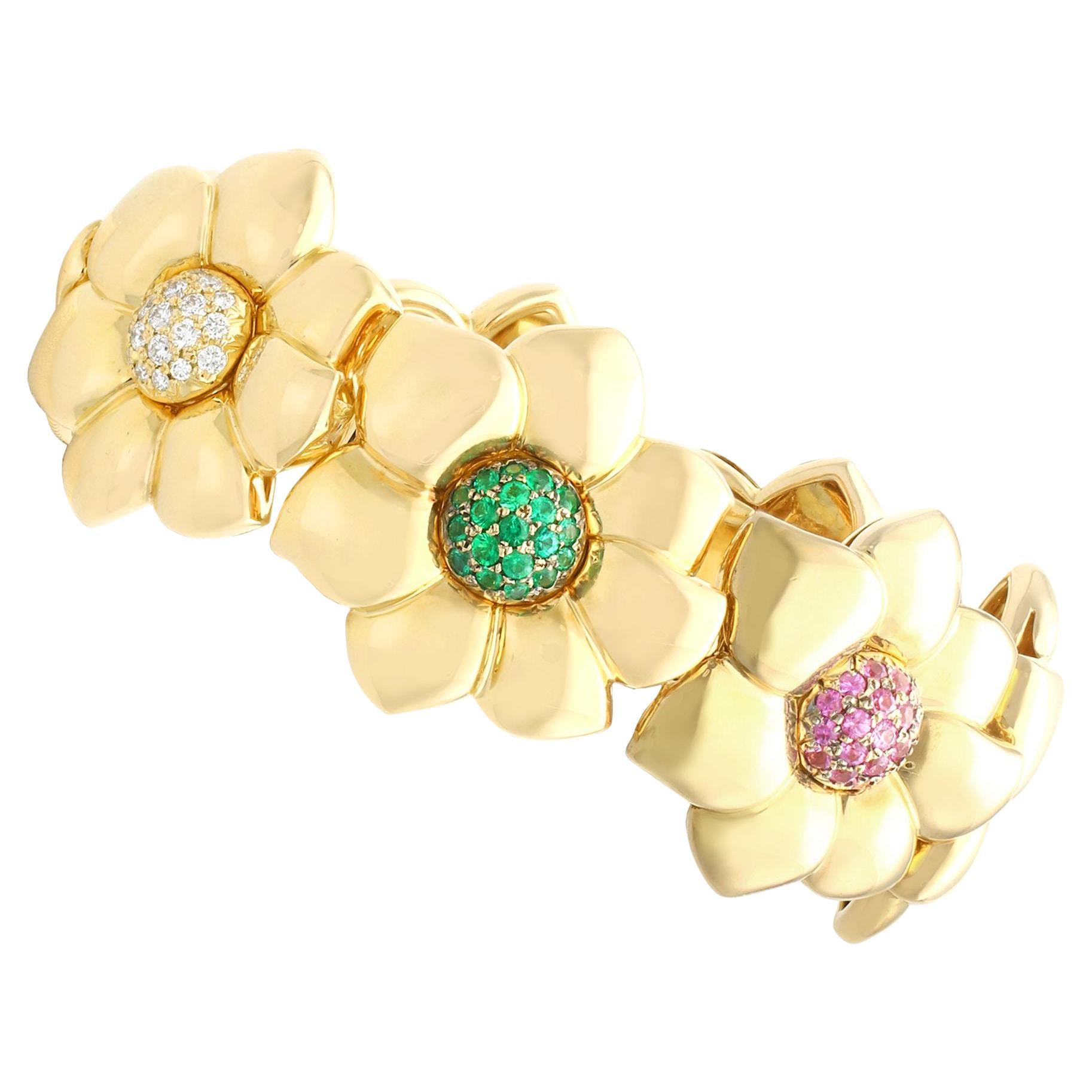 Vintage Ruby Emerald and Diamond 18k Yellow Gold Bracelet