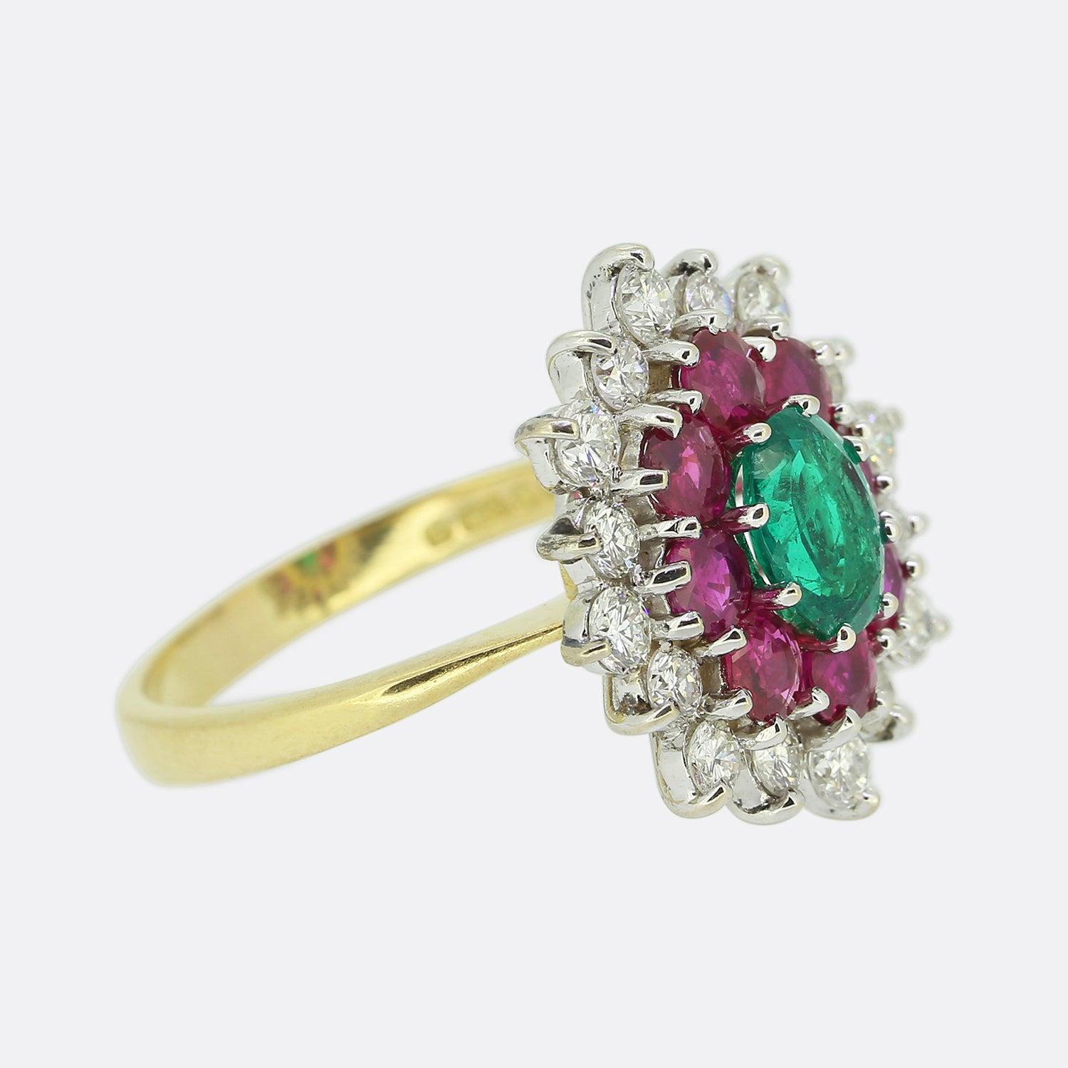 Oval Cut Vintage Ruby Emerald and Diamond Cluster Ring For Sale
