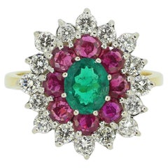 Vintage Cluster-Ring mit Rubin, Smaragd und Diamant