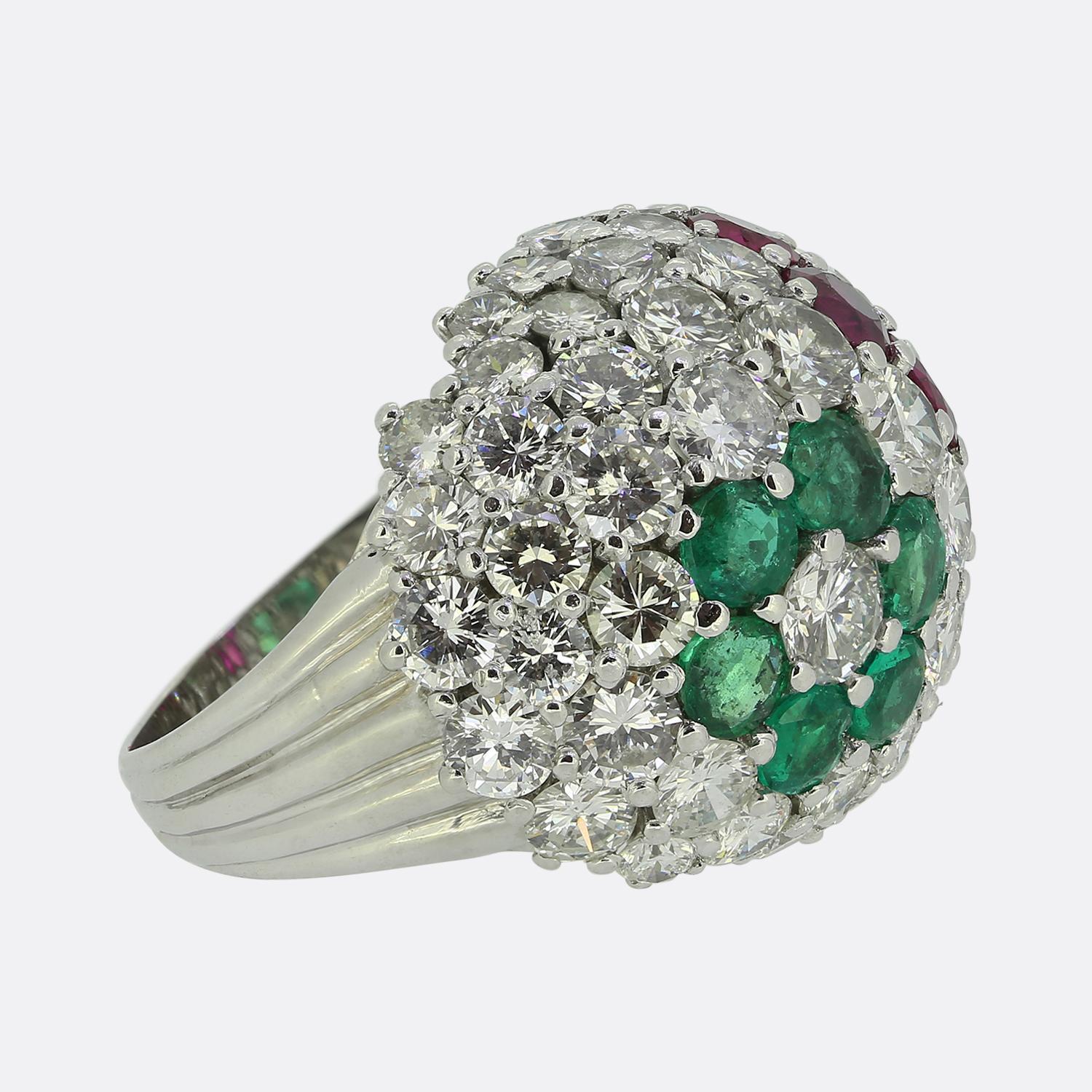 Round Cut Vintage Ruby Emerald and Diamond Floral Bombe Ring For Sale