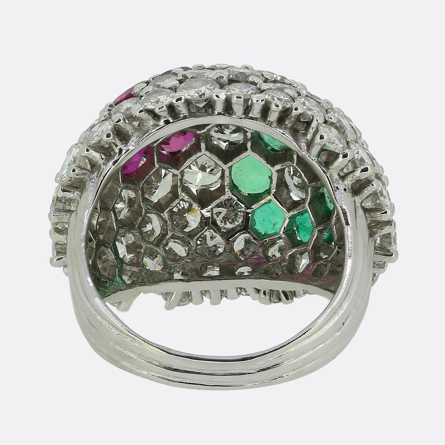 Vintage Ruby Emerald and Diamond Floral Bombe Ring In Good Condition For Sale In London, GB