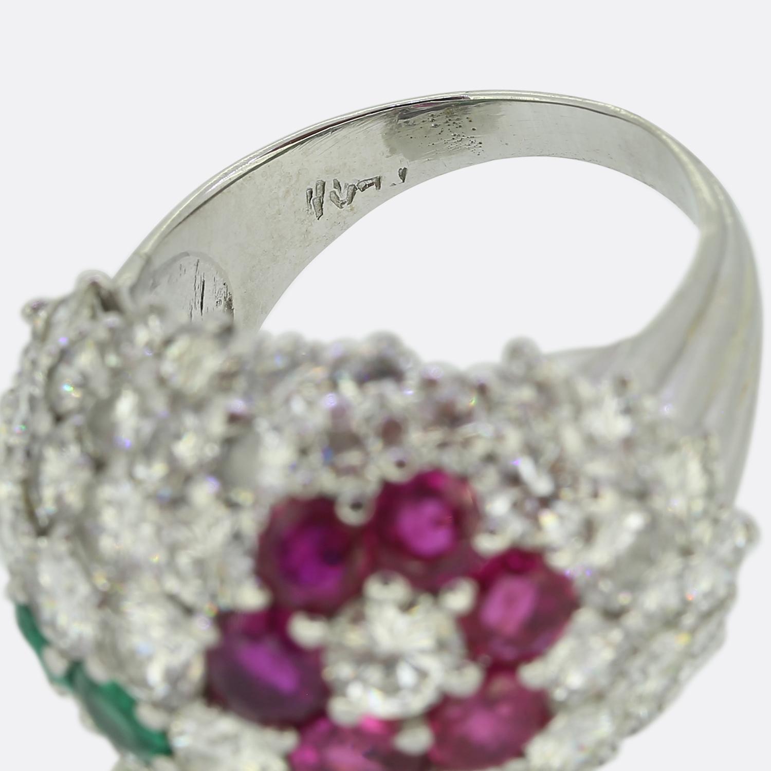 Women's or Men's Vintage Ruby Emerald and Diamond Floral Bombe Ring For Sale