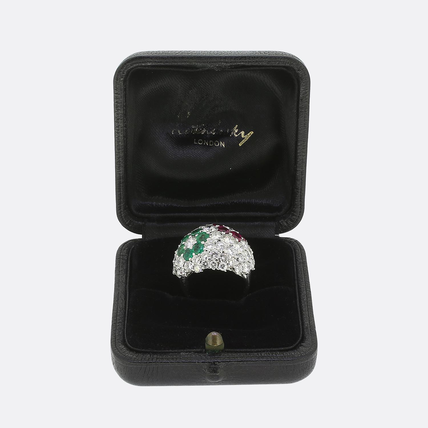Vintage Ruby Emerald and Diamond Floral Bombe Ring For Sale 1