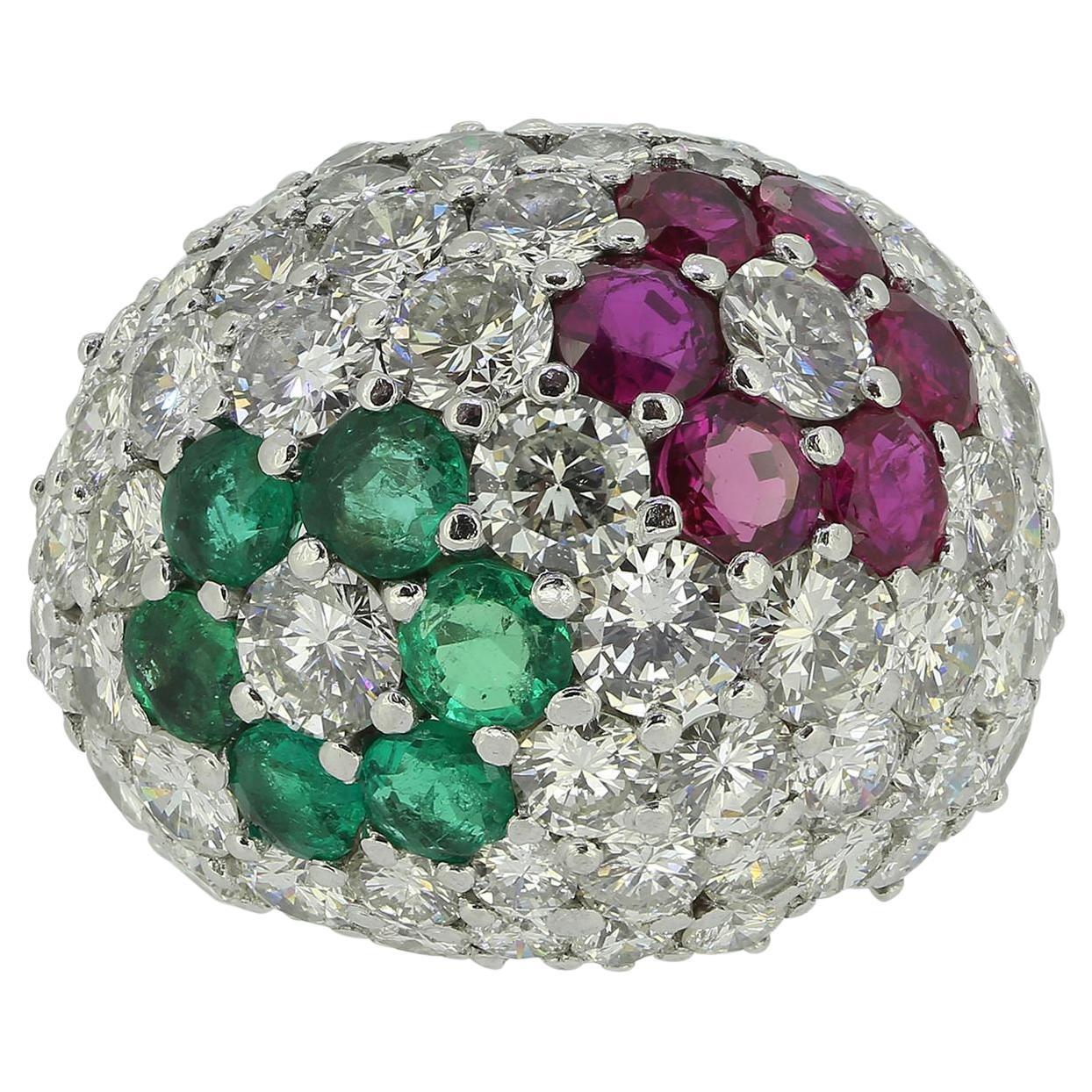 Vintage Ruby Emerald and Diamond Floral Bombe Ring For Sale