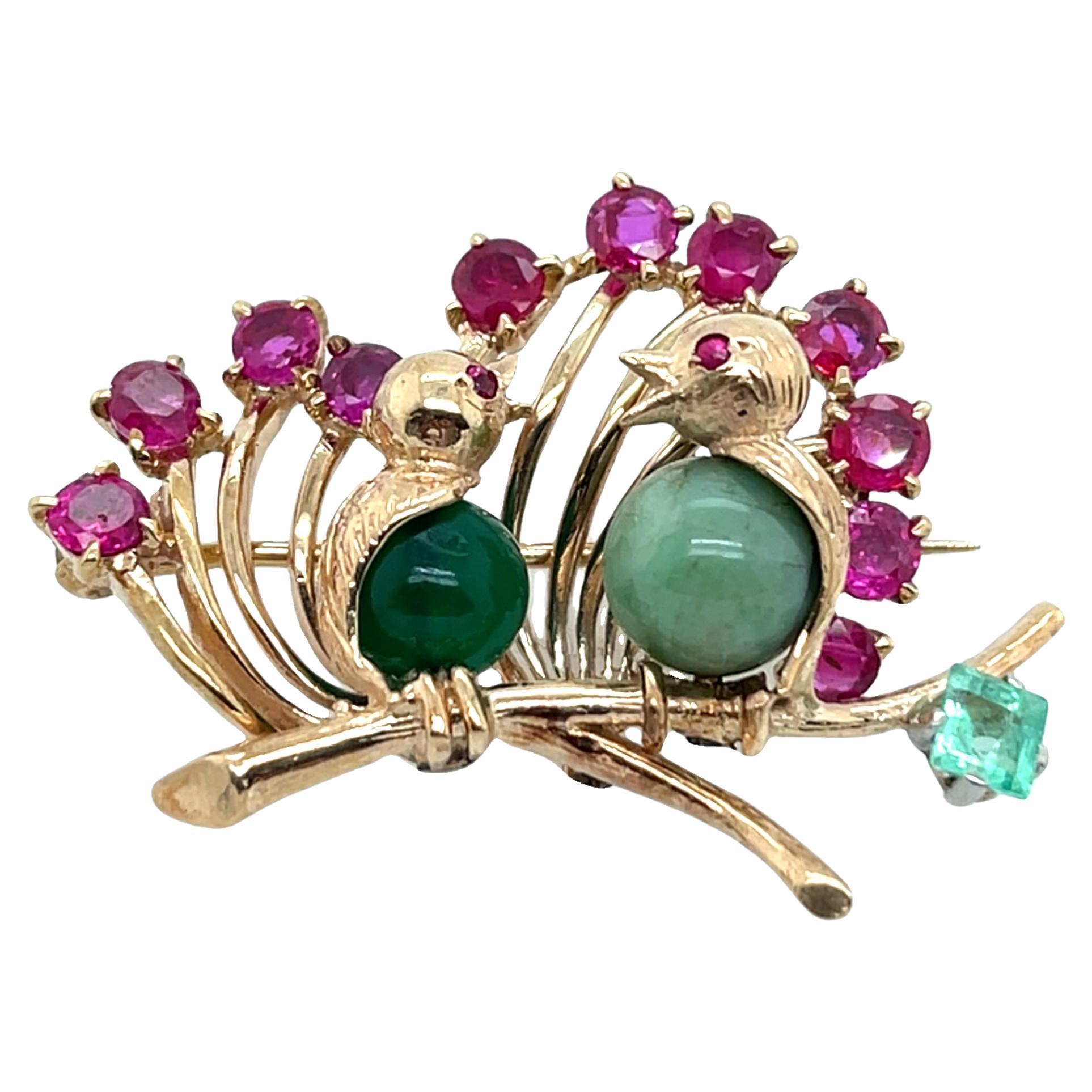 Vintage Ruby, Emerald, Beryl & Jade Love Bird Brooch, Set in 9ct Yellow Gold