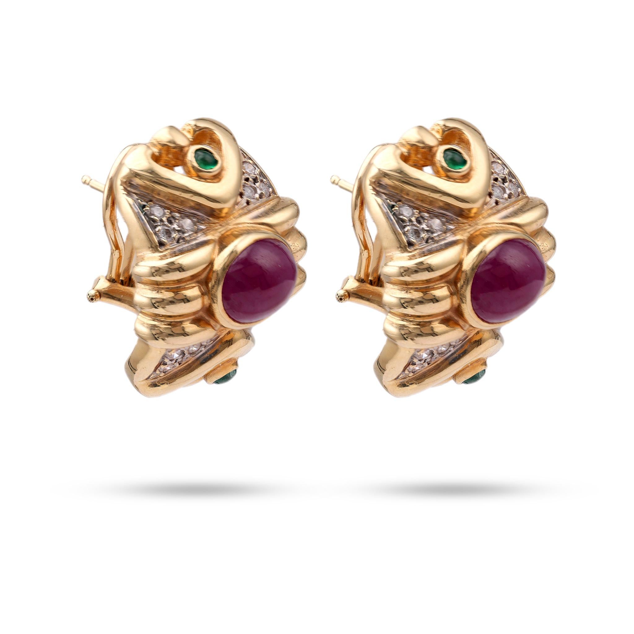 Vintage Ruby Emerald Diamond 14k Yellow Gold Earrings In Good Condition In Beverly Hills, CA
