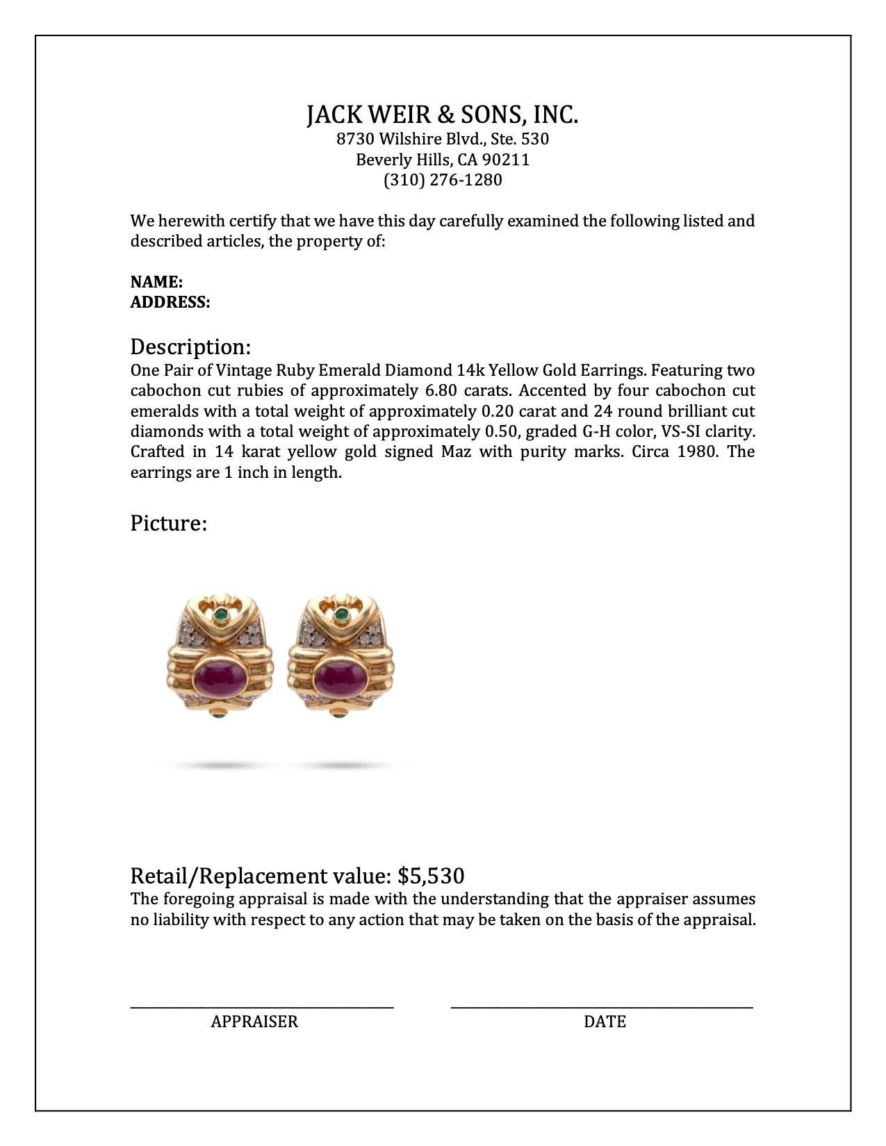 Women's or Men's Vintage Ruby Emerald Diamond 14k Yellow Gold Earrings