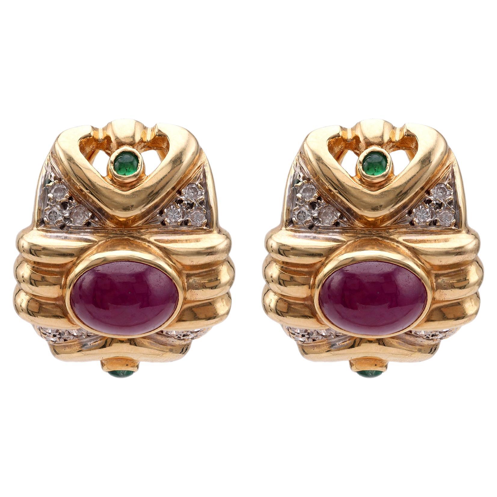 Vintage Ruby Emerald Diamond 14k Yellow Gold Earrings
