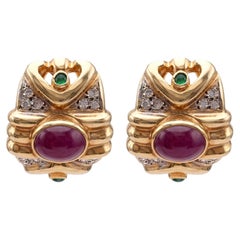 Retro Ruby Emerald Diamond 14k Yellow Gold Earrings