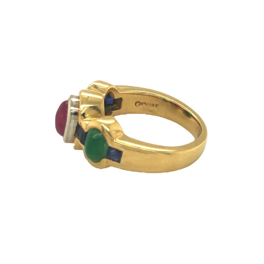 Vintage-Ring aus 18 Karat Gelbgold mit Rubin, Smaragd, Saphir und drei Steinen von Giovane (Cabochon) im Angebot