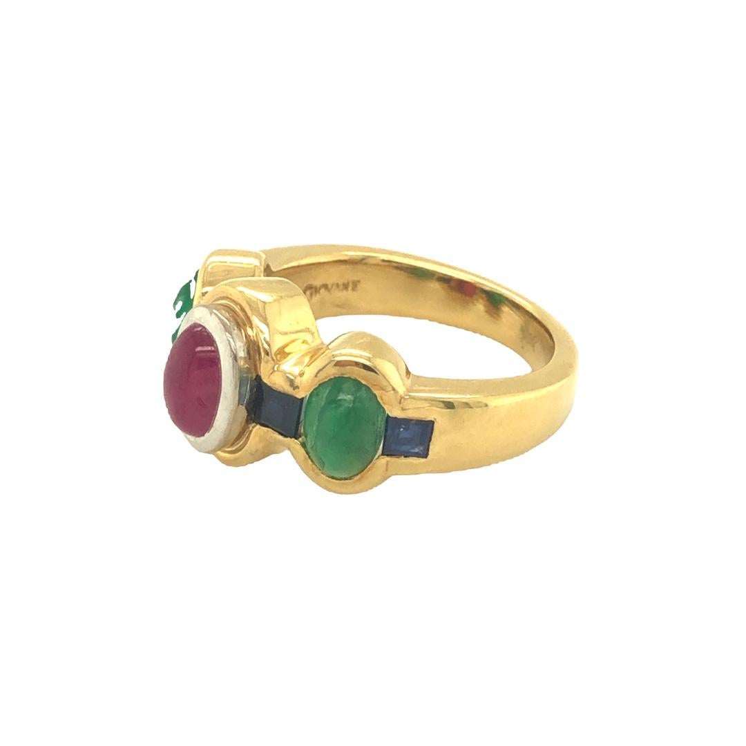 Vintage-Ring aus 18 Karat Gelbgold mit Rubin, Smaragd, Saphir und drei Steinen von Giovane für Damen oder Herren im Angebot