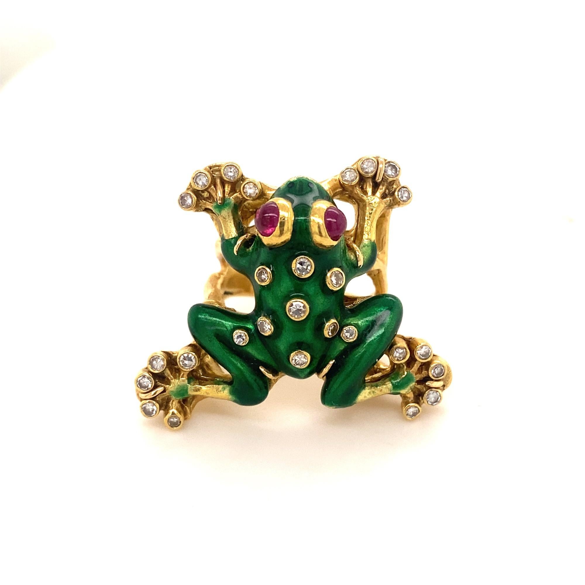 This is a stunning sculptured frog ring in 18k gold with green enamel ruby eyes and diamond accents. The ring is set with 27 white diamonds H color VS-2 clarity total weight .80 carats.  The cabochon ruby eyes are natural with nice color and