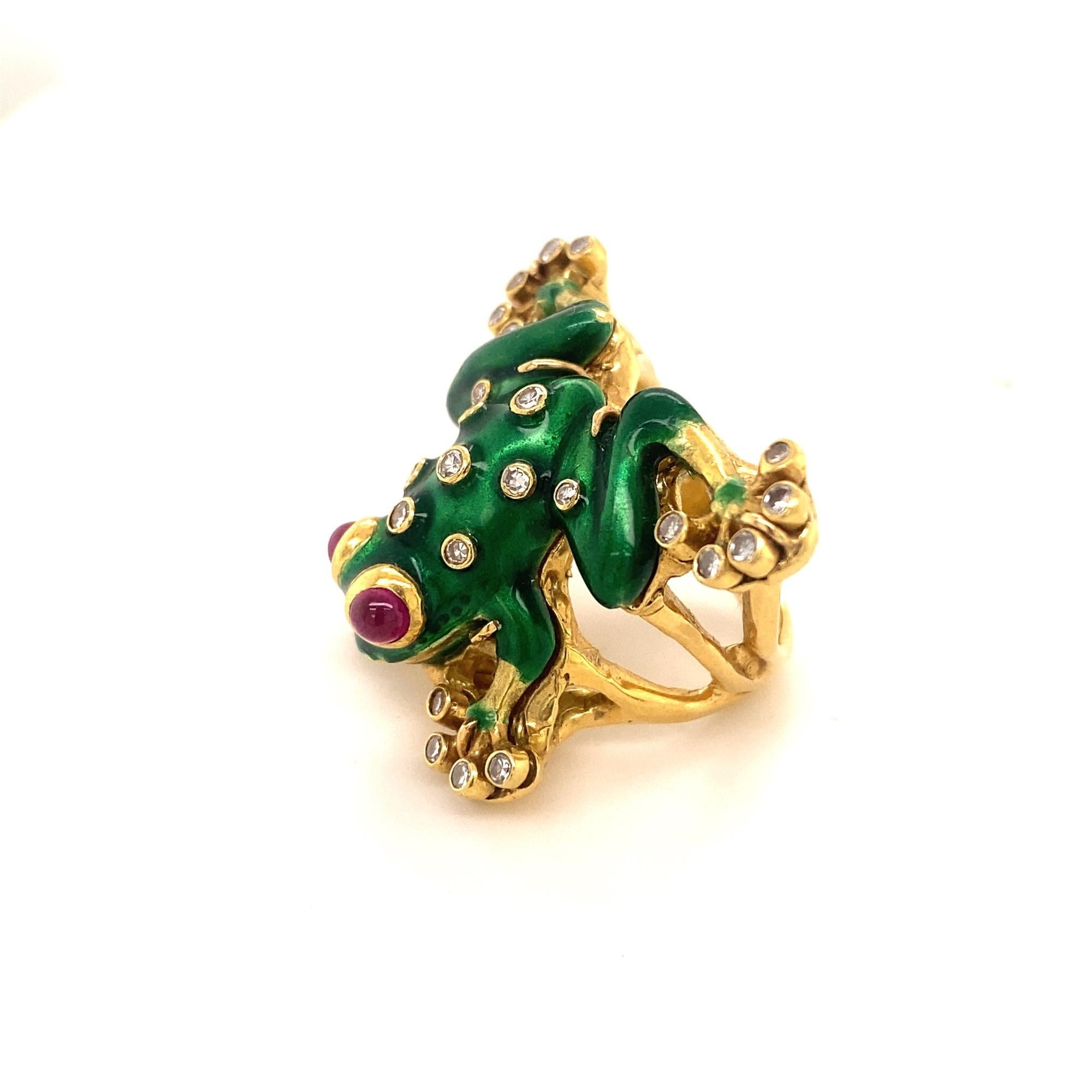 Brilliant Cut Vintage Ruby Eye Diamond Green Enamel Frog Ring 18K Yellow Gold