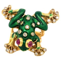 Vintage Ruby Eye Diamond Green Enamel Frog Ring 18K Yellow Gold