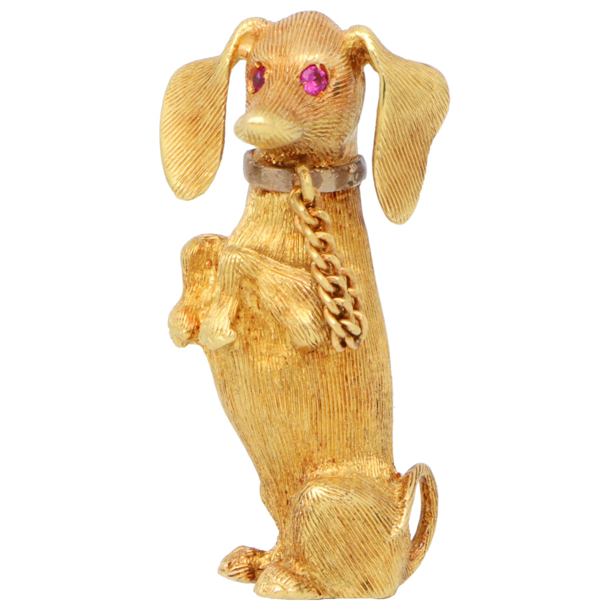 Vintage Ruby Eyed Dachshund Dog Brooch Set in 18k Yellow Gold