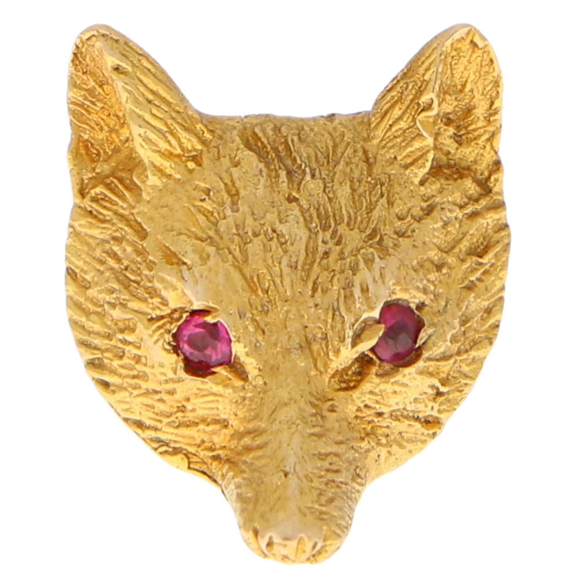 Vintage Ruby Eyed Fox Pin Brooch Set in 9 Karat Yellow Gold