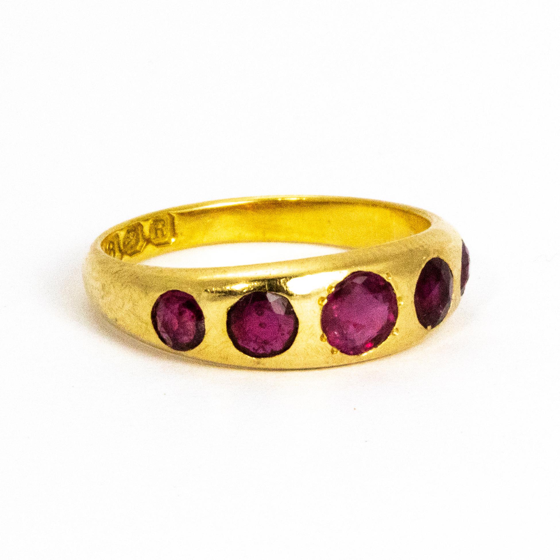 Women's or Men's Vintage Ruby Five-Stone 18 Carat Gold Band