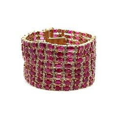 Vintage Ruby GIA and Diamond Gold Wide Statement Bracelet