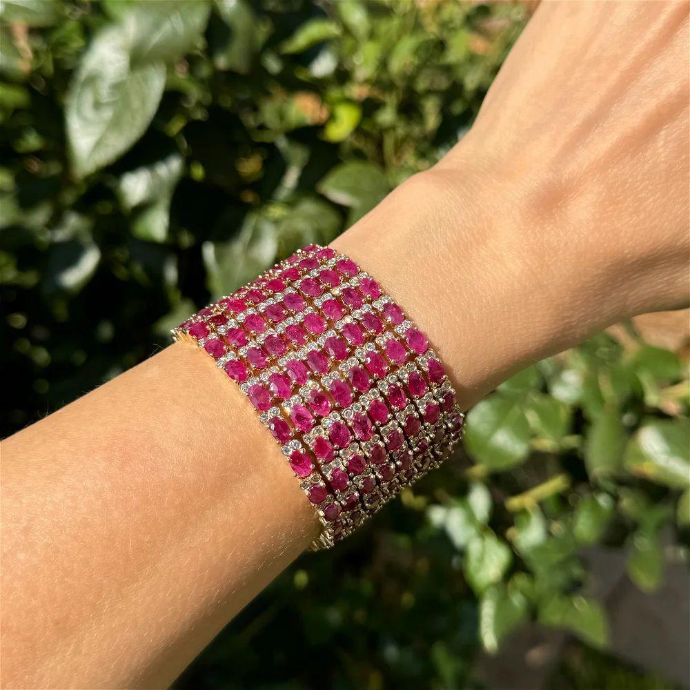 Retro Vintage Ruby GIA and Diamond Gold Wide Statement Bracelet For Sale