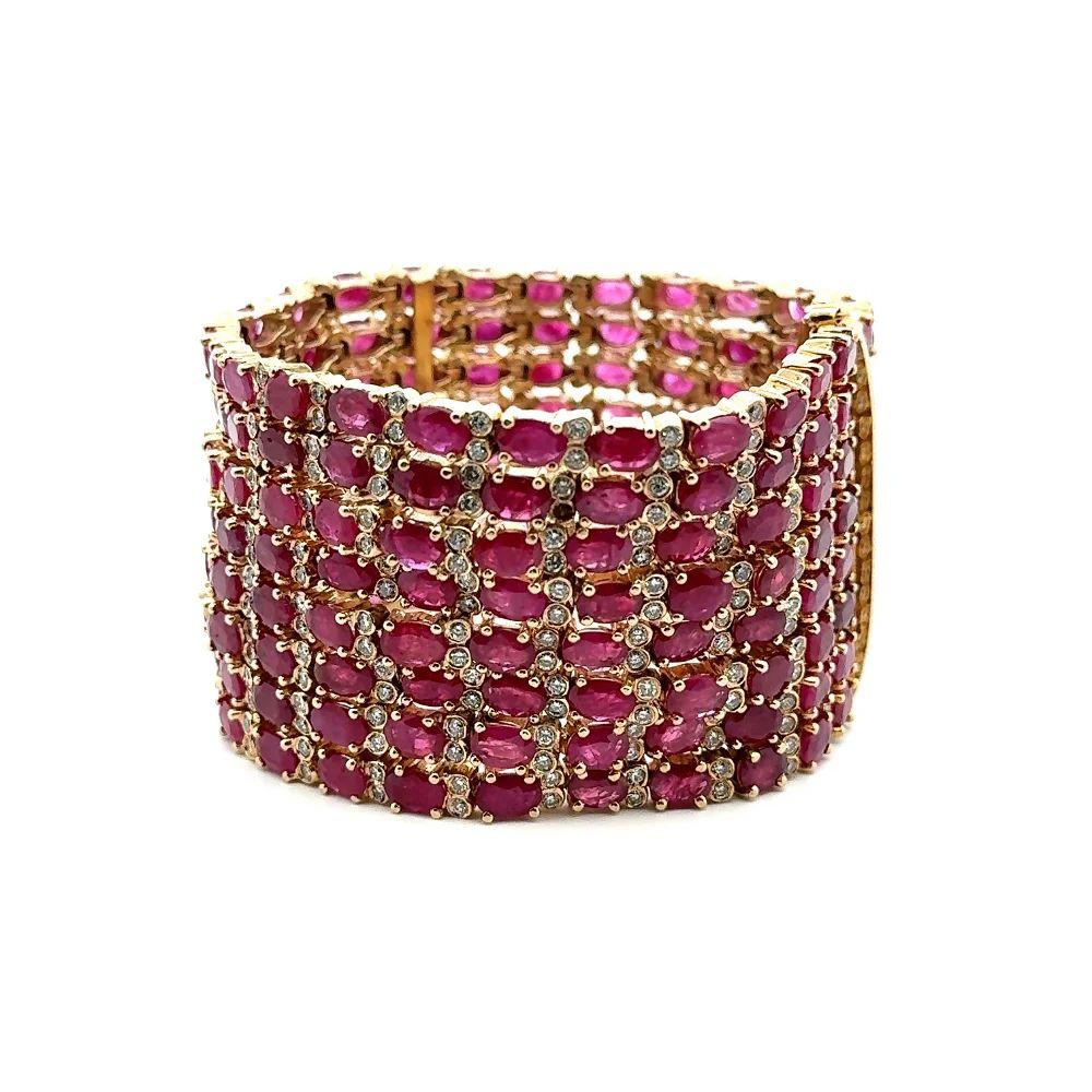 Mixed Cut Vintage Ruby GIA and Diamond Gold Wide Statement Bracelet For Sale
