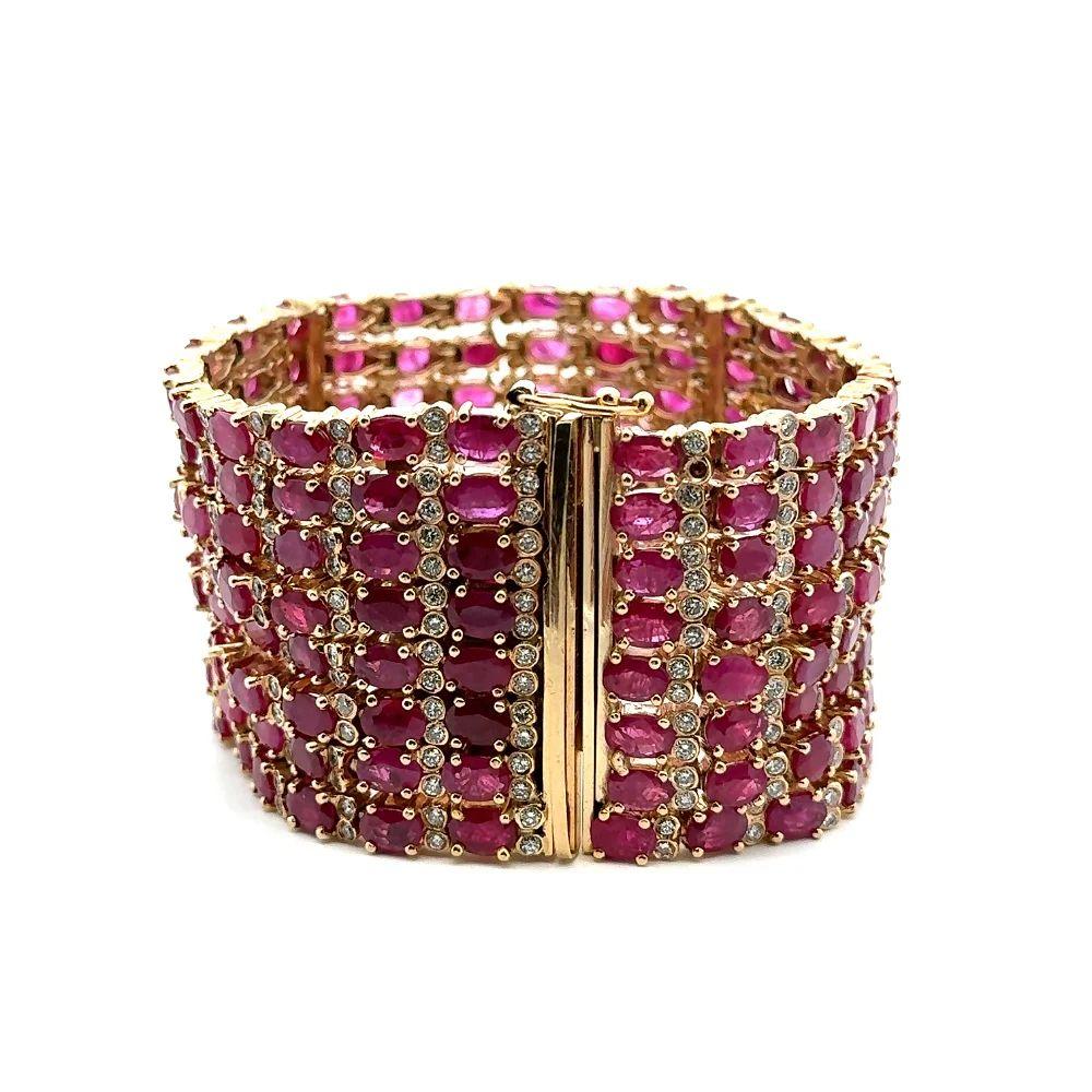 Vintage Ruby GIA and Diamond Gold Wide Statement Bracelet In Excellent Condition For Sale In Montreal, QC