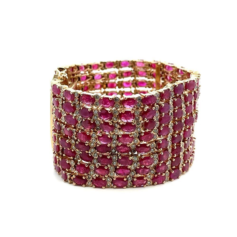 Women's Vintage Ruby GIA and Diamond Gold Wide Statement Bracelet For Sale