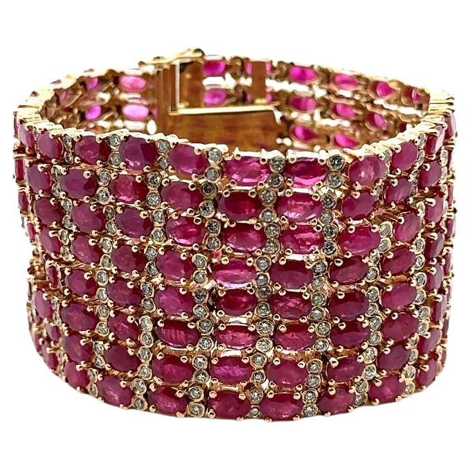 Bracciale largo d'oro vintage con rubini GIA e diamanti