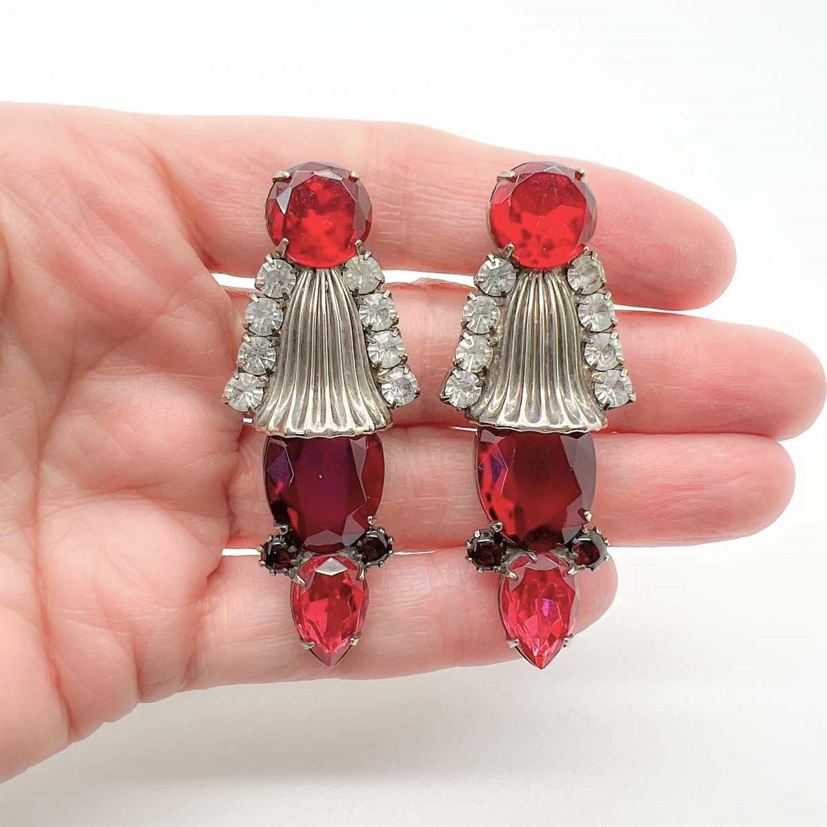 Women's or Men's vintage ruby glass earrings 1960s For Sale