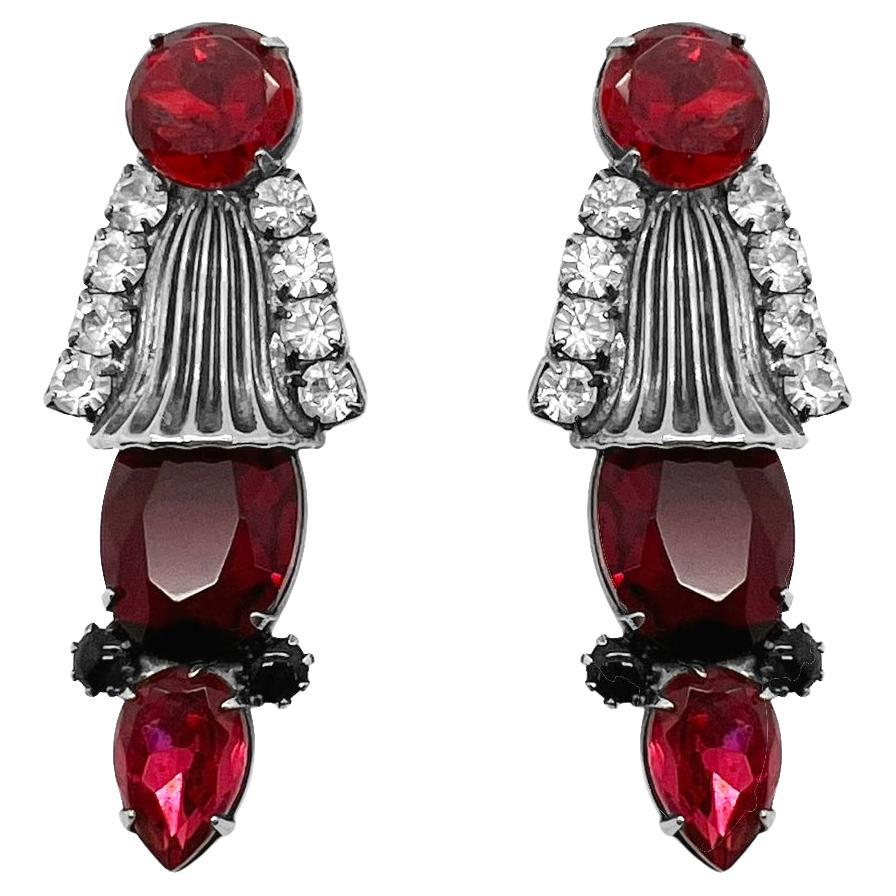 vintage ruby glass earrings 1960s For Sale