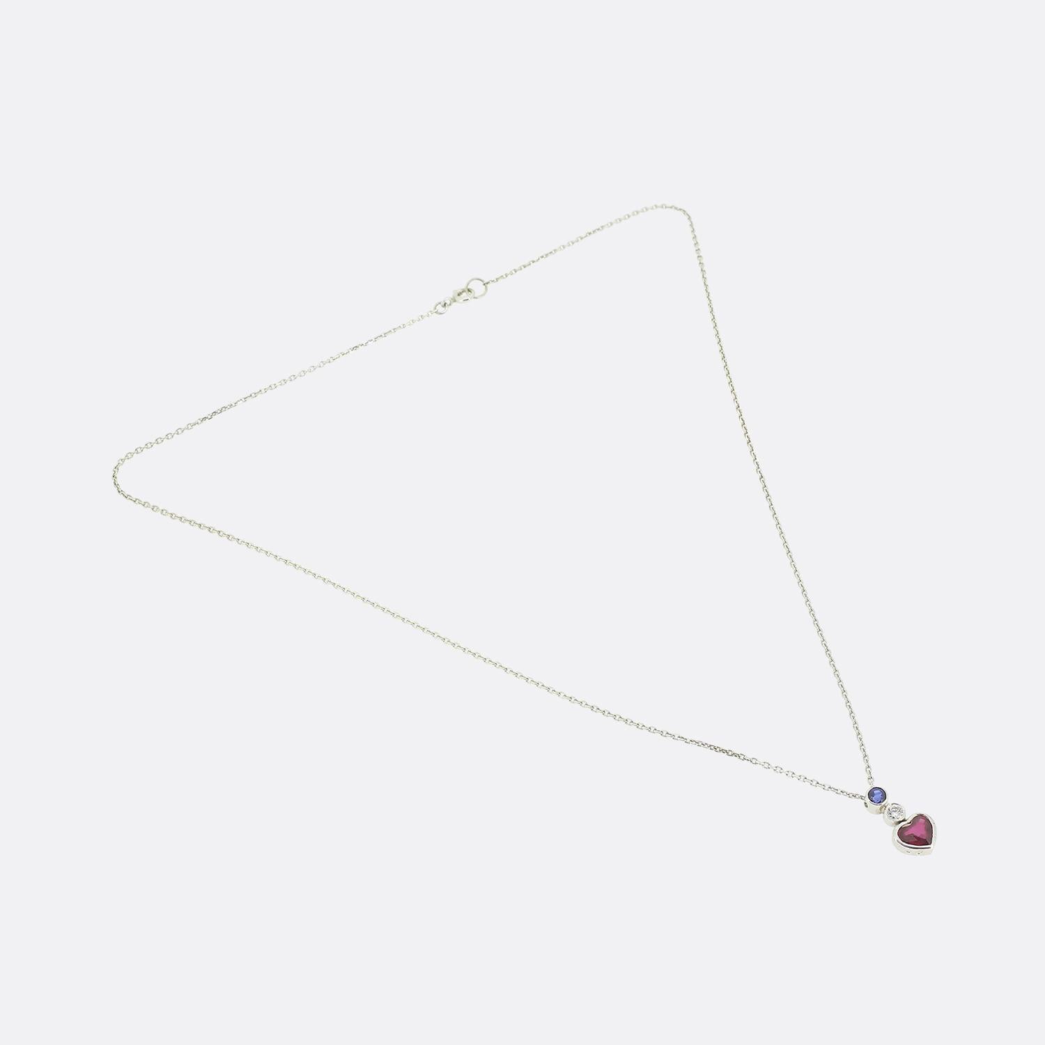 Heart Cut Vintage Ruby Heart Sapphire and Diamond Necklace For Sale