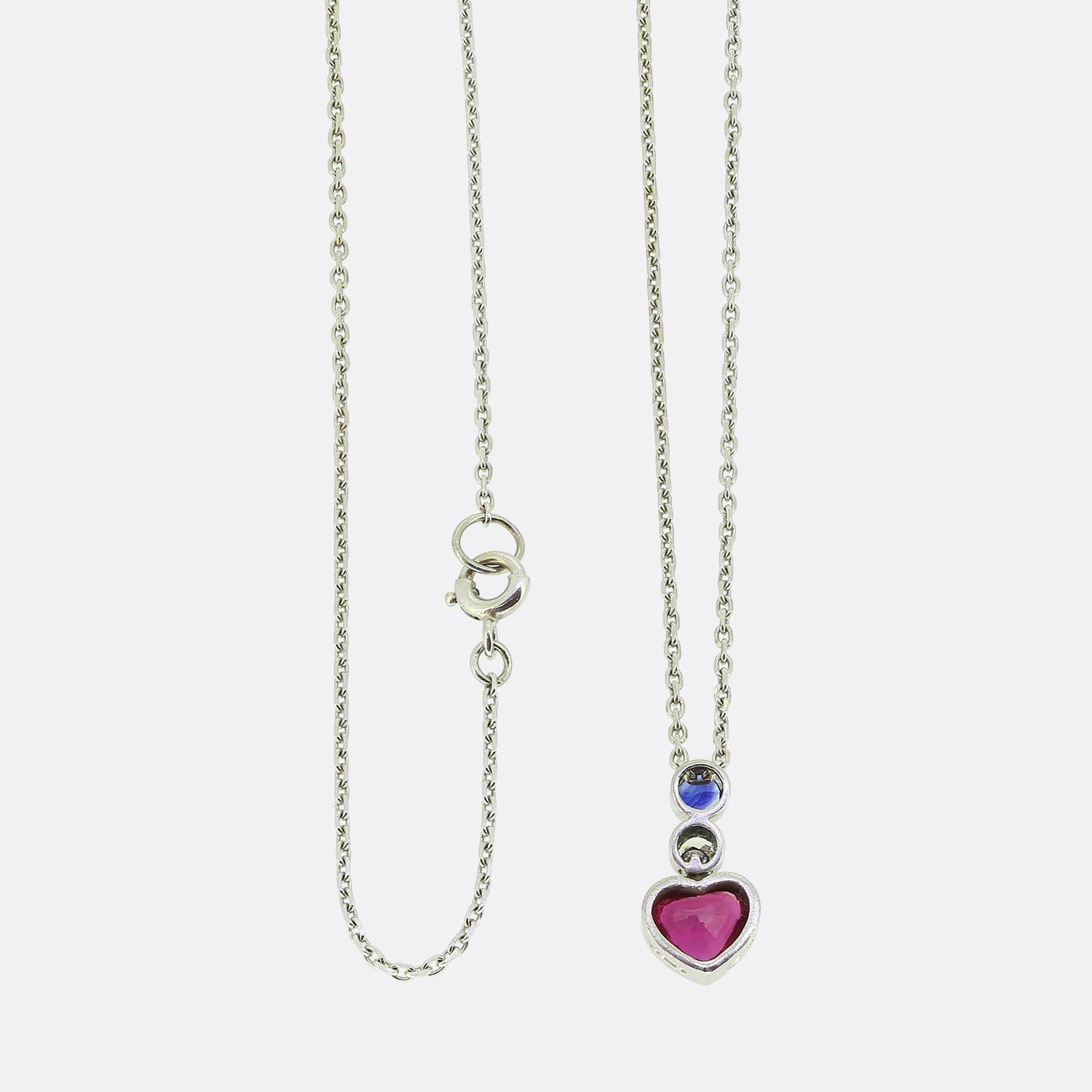 Vintage Ruby Heart Sapphire and Diamond Necklace In Good Condition For Sale In London, GB
