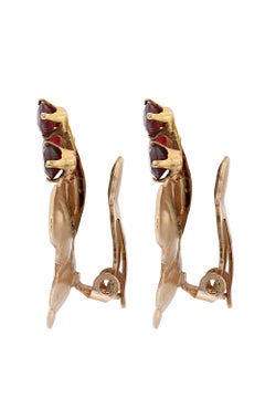 Vintage Ruby Leaf Floral Earrings 14k Yellow Gold