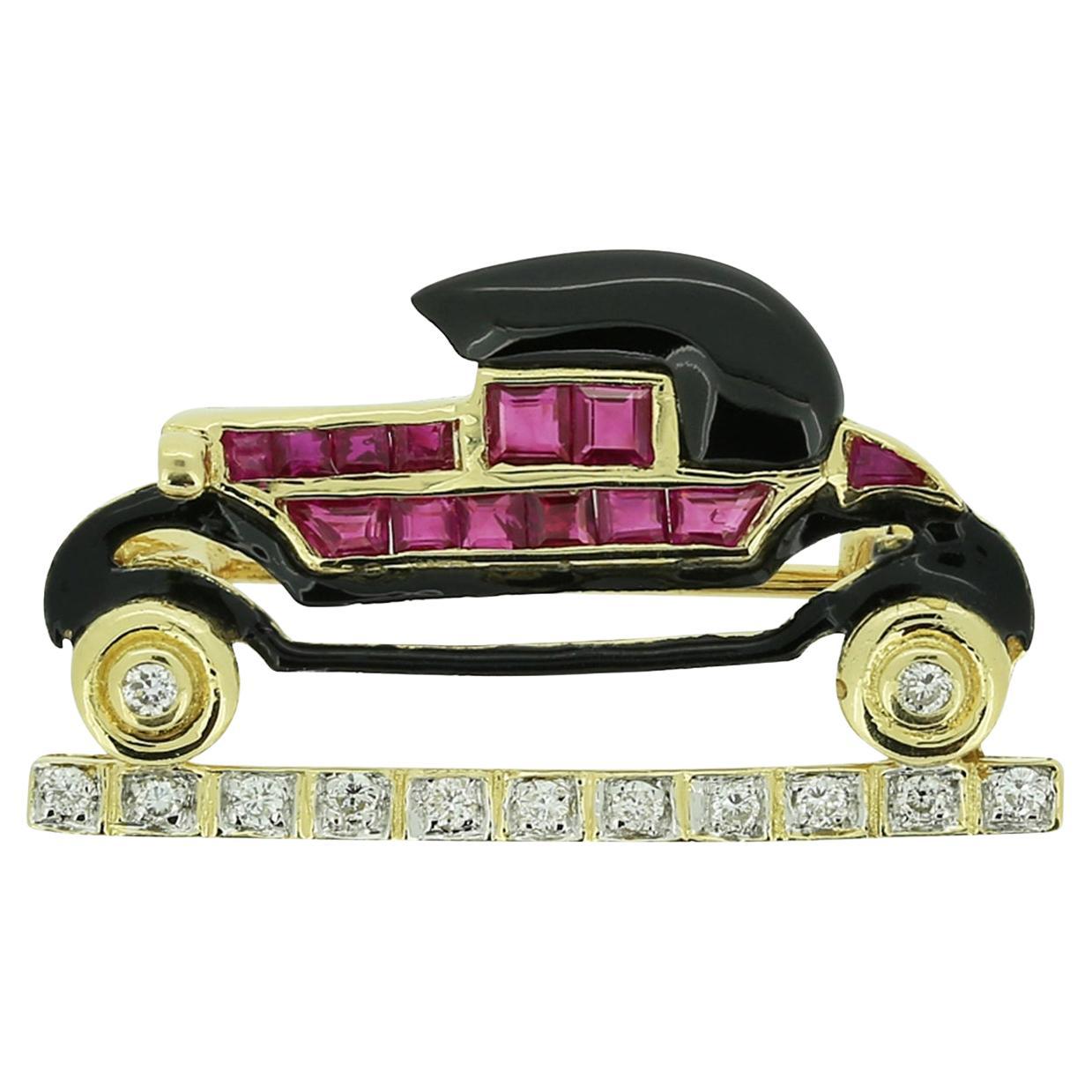 Vintage Ruby Onyx and Diamond Classic Car Brooch For Sale