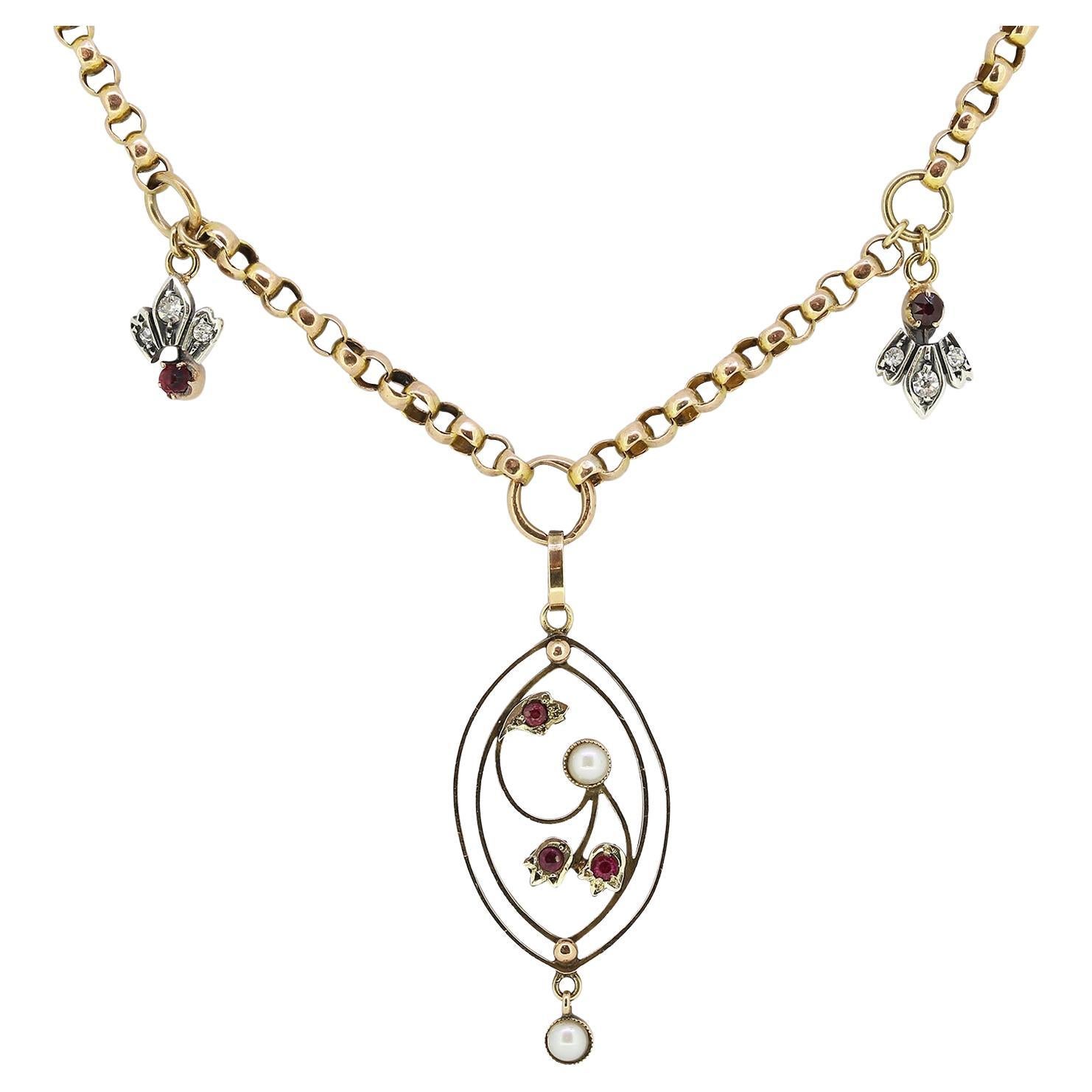 Vintage Ruby, Pearl and Garnet Necklace For Sale