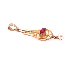 Art Deco Ruby Pearl Lavalier Pendant Necklace .60ct Antique Original 1910s Yello