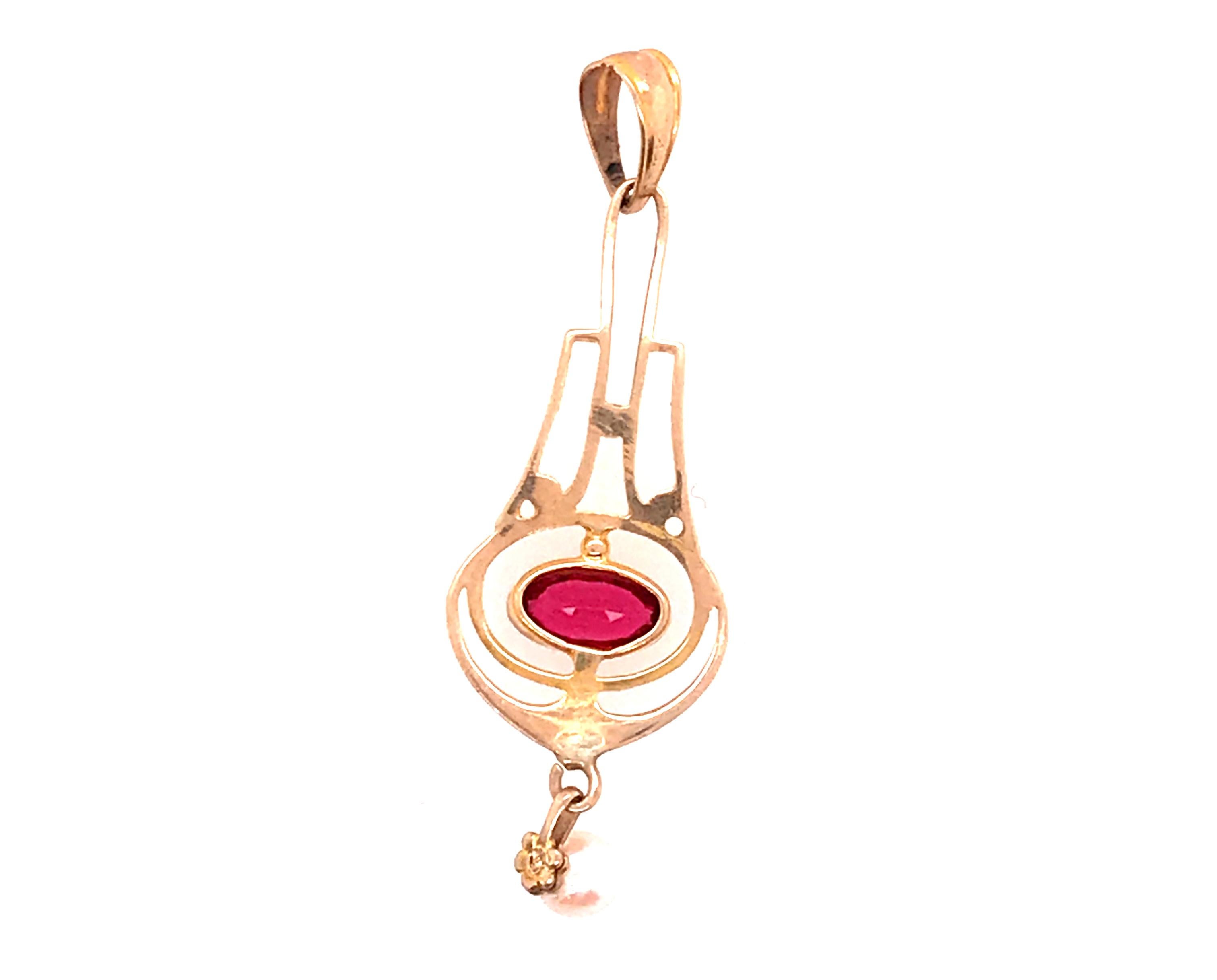 Art Deco Rubin Perle Lavalier Anhänger Halskette .60ct Antike Original 1910er Jahre Yello (Art déco)