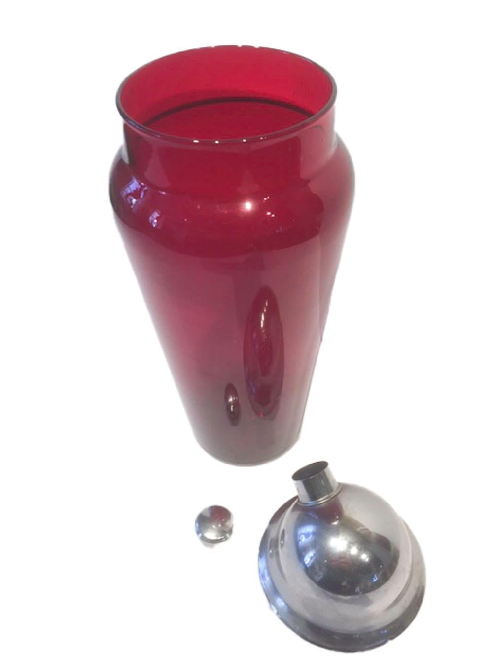 Art Deco Vintage Ruby Red Glass Cocktail Shaker with Domed Chrome Lid For Sale