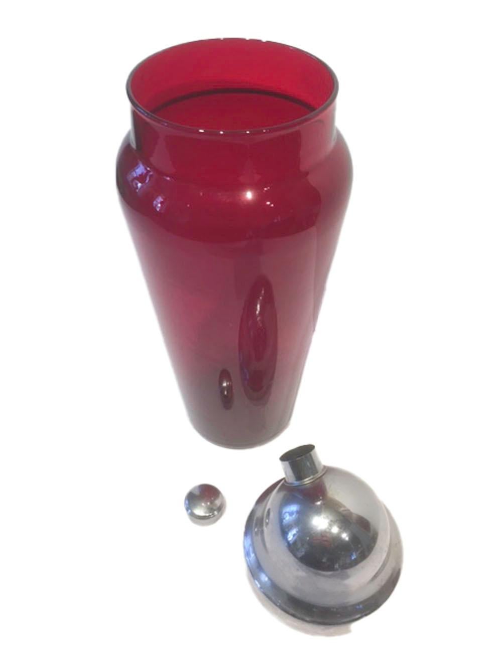 American Vintage Ruby Red Glass Cocktail Shaker with Domed Chrome Lid For Sale