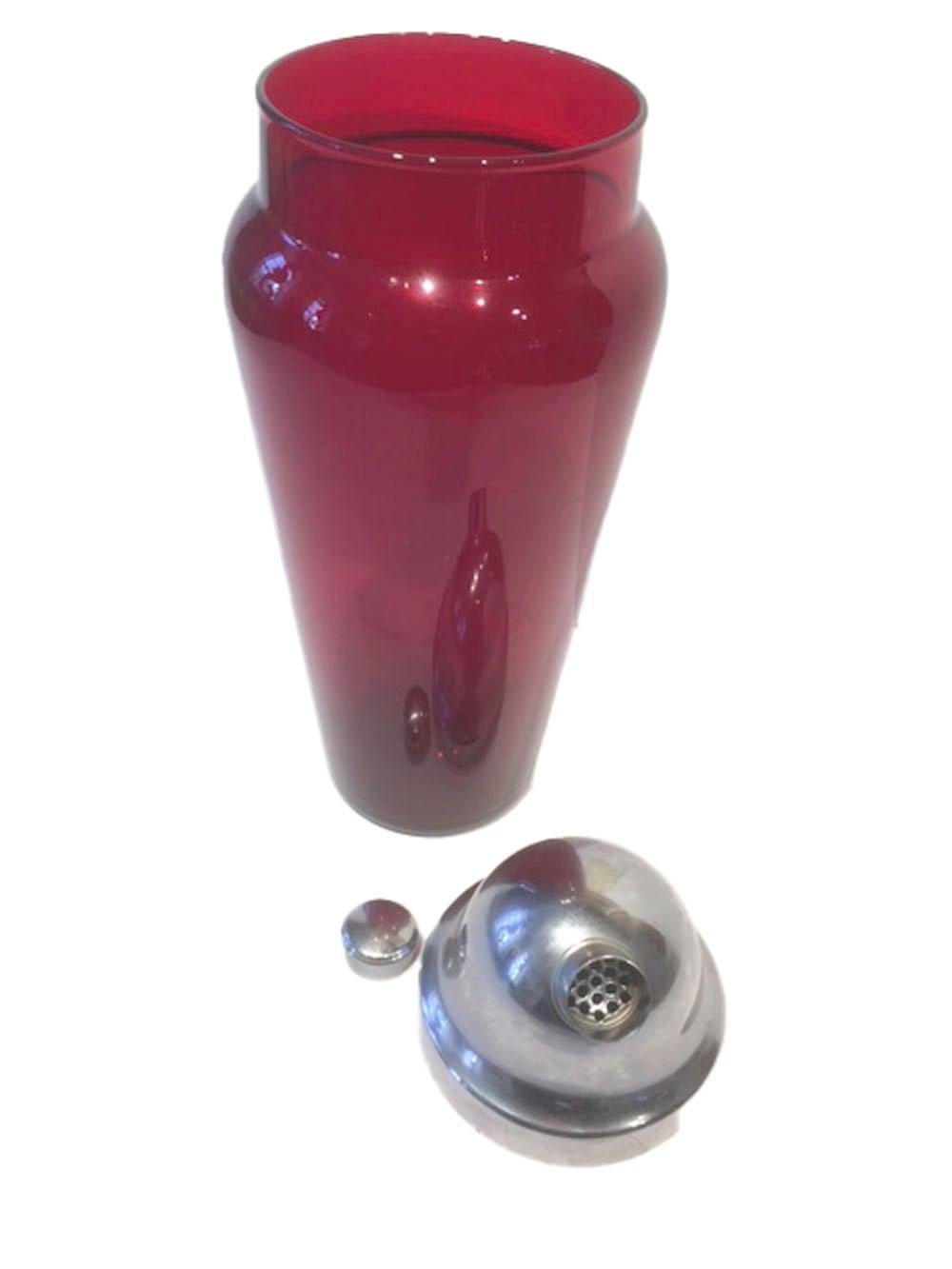 Molded Vintage Ruby Red Glass Cocktail Shaker with Domed Chrome Lid For Sale