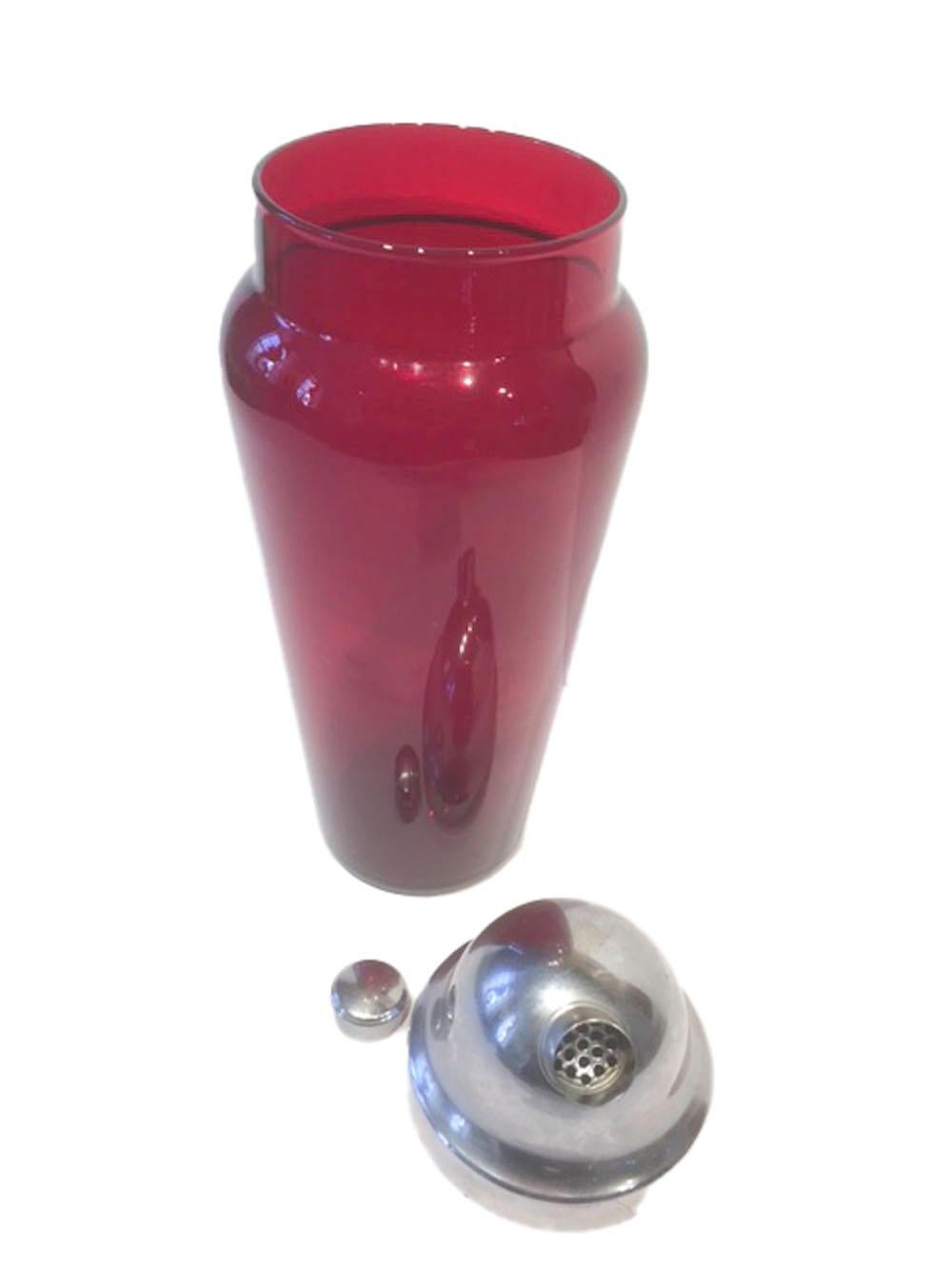 Vintage Ruby Red Glass Cocktail Shaker with Domed Chrome Lid In Good Condition For Sale In Nantucket, MA